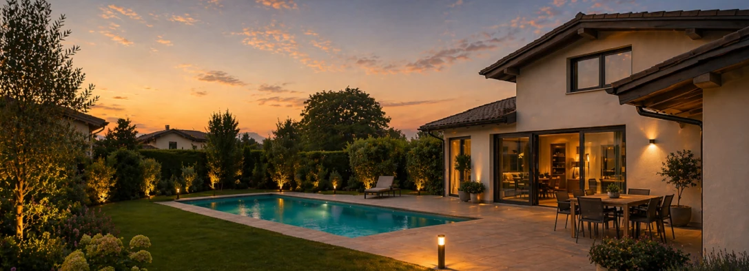 Casa con giardino e piscina al tramonto in Ticino